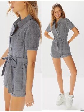 Urban Outfitters UO Carmen Striped Button-Front Playsuit Romper Tie Utility S